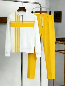 Stand up collar men's fashionable casual trend long sleeved half zip sports suit, abstract geometric cross stripe pattern, adult men's casual street style