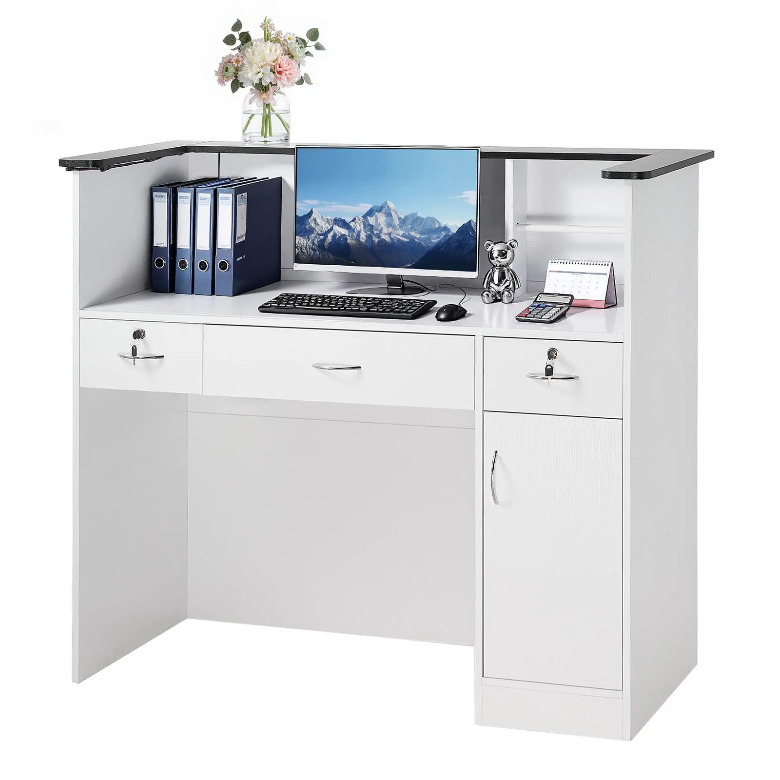 【SummerFinds】VEVOR Reception Desk, 50 inch Rectangular Front Counter Table, Modern Office Reception Desk with Light Strip, 3 Drawers & Storage Cabinets, Retail Counter Table for Checkout, Lobby, Salon, Office