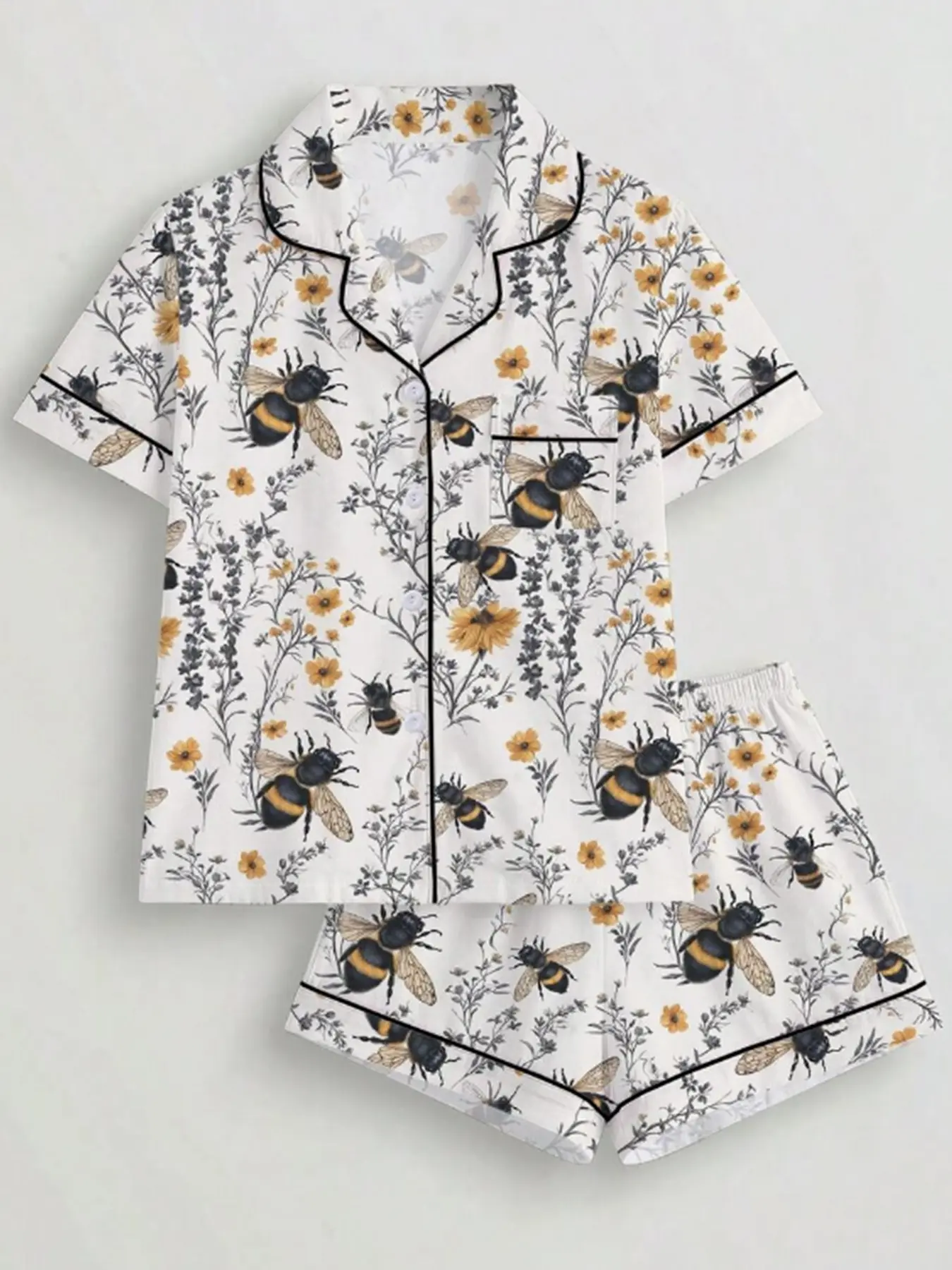 Two-Piece Bee and Floral Print Pajama Set for Women, Loose-Fitting Open Front Short Sleeve and Shorts, Casual Home Wear, Loungewear, Pajamas Lounge Set, Pjs, Nightwear, All Seasons