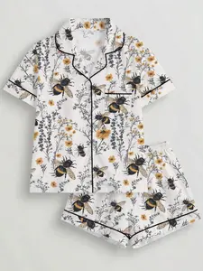 Two-Piece Bee and Floral Print Pajama Set for Women, Loose-Fitting Open Front Short Sleeve and Shorts, Casual Home Wear, All Seasons