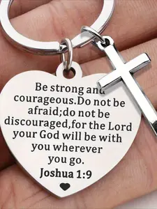 1pcs MOLANXUAN Stainless Steel Cross Keychain with Inspirational Bible Verses - Minimalist Style Religious Keychain, Strong and Brave Pendant, Christian Gift for Christmas