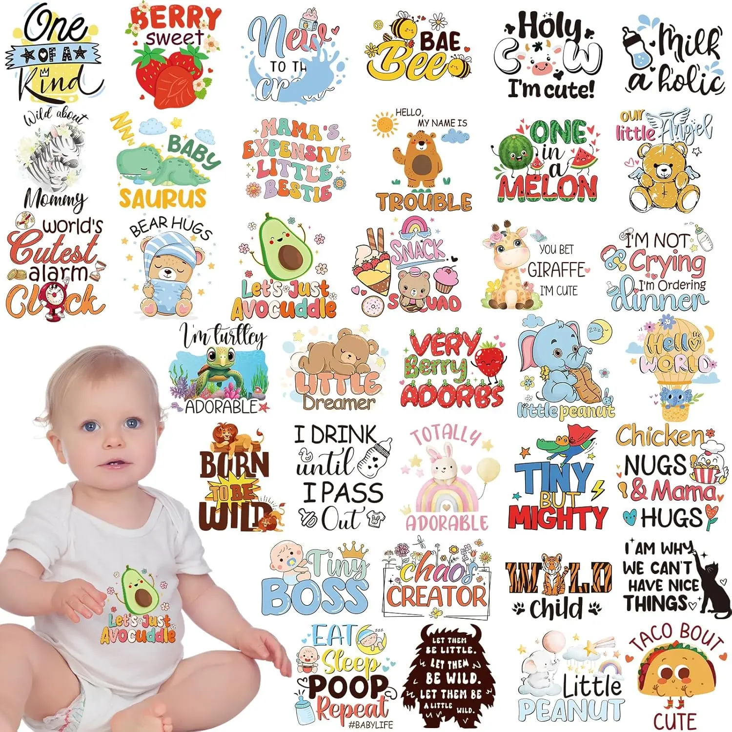 36-Count Bright Fruit Iron-On Decals Heat Press DTF Transfers Kit - Unisex Cute Ready-to-Press Patches for Gender Reveal Onesies, T-Shirts, Animal Quilt & Sheet DIY Clothing Decor