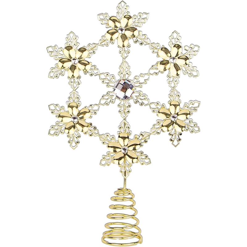 Exquisite Gold Christmas Tree Topper, 11" Snowflake Tree Toppers Chrismtas Decorations with Crystal Poinsettias Flowers, Metal Treetop Xmas Winter Holiday Decor, Vintage Snowflake Gem Jewel Ornaments