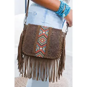 Coffee Western Aztec Bohemian Tassel PU Leather Bag