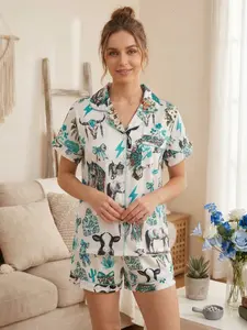 Cool Western Style Animal Print Women's Pajama Set, Soft Skin-Friendly Fabric, Loose Button-Up Short Sleeve Top and Shorts, Loungewear