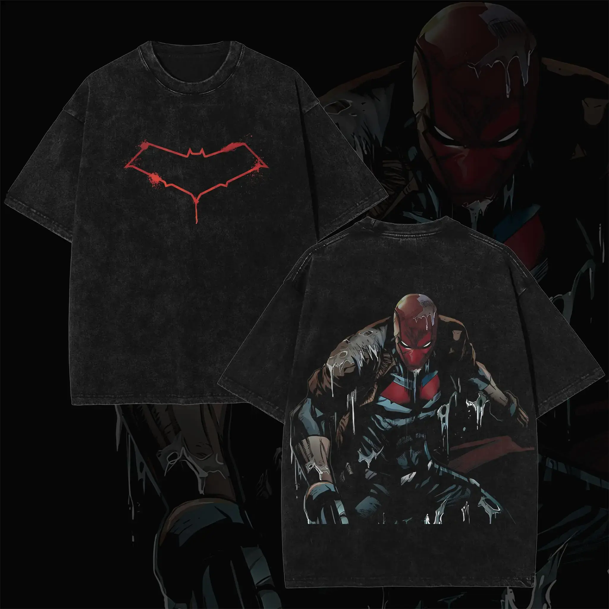 Retro Distressed Washed Oversized T-Shirt Unisex Crew Neck Cotton Dark Comic Masked Hero & Bat Outline Graphic Casual Outdoor Streetwear Loose Fit Tee For Men & Women
