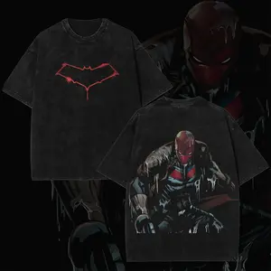 Retro Red Hood "Blood Drip Vigilante" Edition Graphic Double-Sided Vintage Washed T-Shirt, Unisex Oversized Heavyweight Cotton Streetwear Top, Ideal Gift for DCU Fans & Anti-Hero Collectors