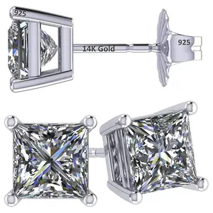 14K Gold Posts & Sterling Silver Princess Cut CZ Stud Earrings Made with Swarovski Zirconia, 1.50-4.00ctw