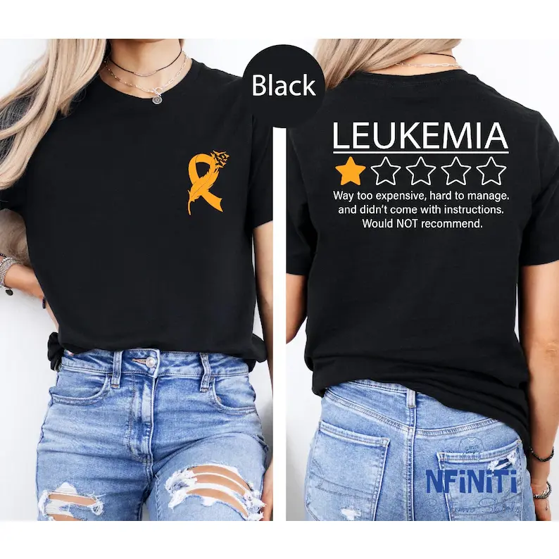 1pc Leukemia Survivor Tee, Orange Ribbon Funny One‑Star Review Graphic Print, Cancer Awareness Support Top, 100% Cotton Crewneck T‑Shirt