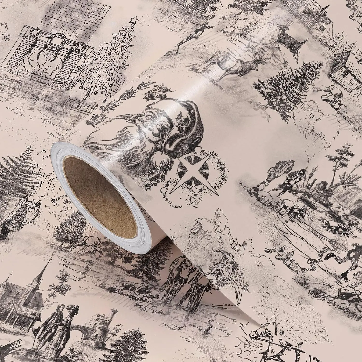 WRAPAHOLIC Toile Vintage Christmas Wrapping Paper Santa Toile de Jouy Black & Cream, Unicorn & Tree,Wrapping Paper for Children,Adults,Winter Season, Party Celebration,Classroom Gift Exchange 17Inch x 16.5 Feet