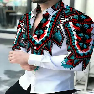 Men's Casual Ethnic Style Geometric Print Longsleeve Shirt - Menswear Polyester Fabric Vintage Fashion Top