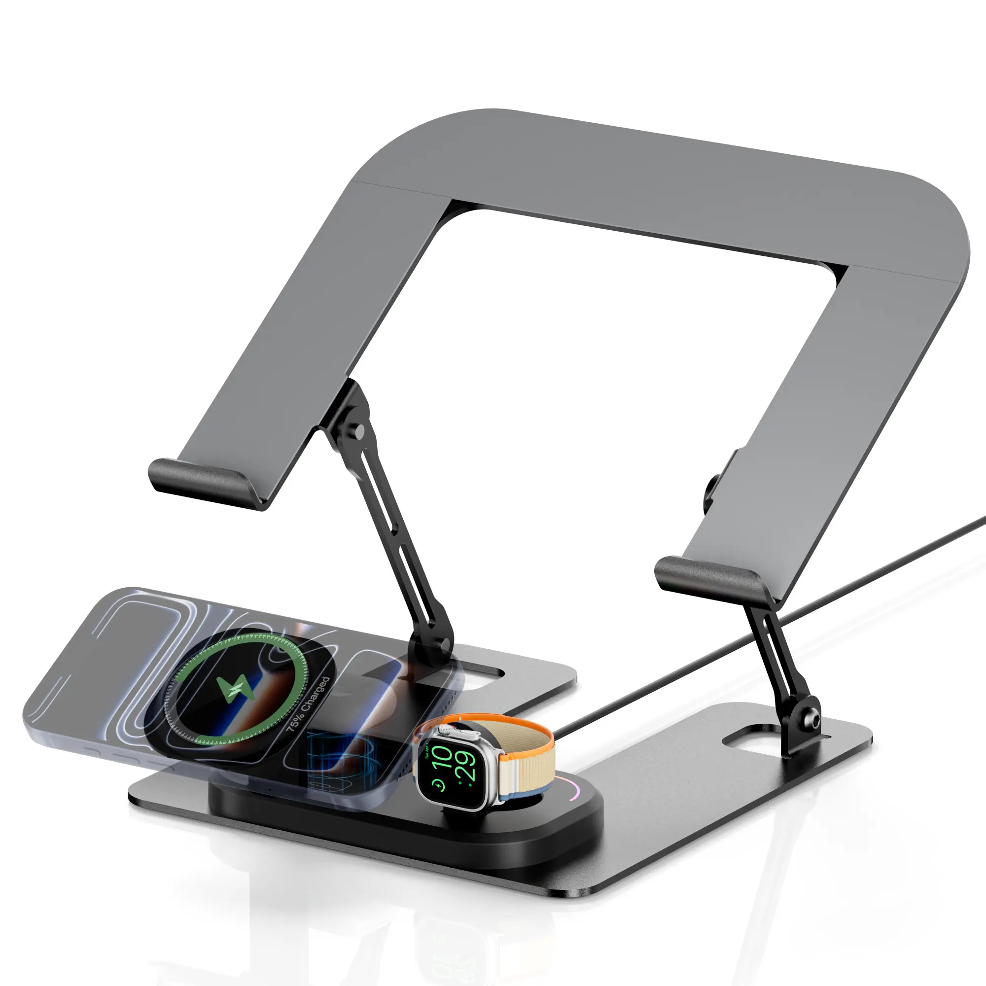4-in-1 Laptop Stand with 15W Wireless Charger, Height Adjustable Ergonomic Aluminum Laptop Riser with Phone/Apple Watch Charging Holder, Desk Organizer for MacBook, iPad, iPhone 16/15, AirPods Computer Tablet Computer Tablet