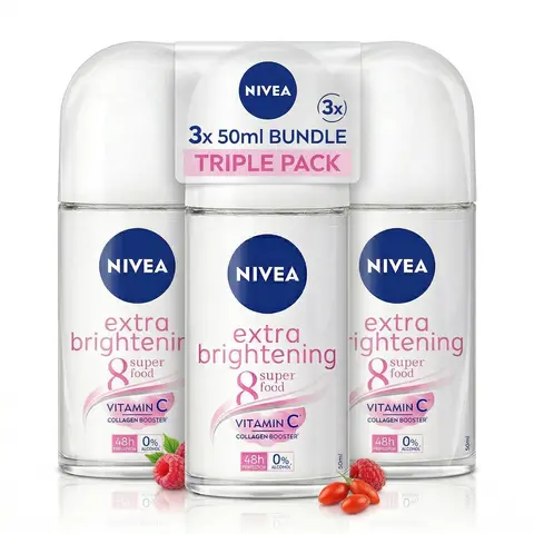 NIVEA Women's Roll-On Antiperspirant Deodorant Extra Brightening 3-Pack with Vitamin C (1.7oz/50ml) - 48H Protection, Alcohol-Free, Non-Aerosol, Daily Gentle Underarm Care Beauty Products