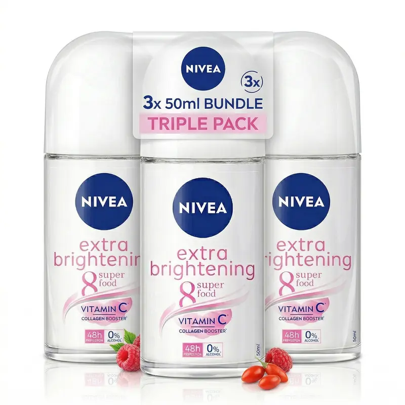 NIVEA Women's Roll-On Antiperspirant Deodorant Extra Brightening 3-Pack with Vitamin C (1.7oz/50ml) - 48H Protection, Alcohol-Free, Non-Aerosol, Daily Gentle Underarm Care Beauty Products