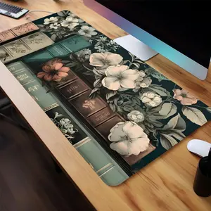 Floral Vintage Books Pattern Design Large Gaming Mouse Pad, Botanical Zen Office Desk Accessories, Non-slip Rubber Base Stitched Edge Desk Pad for Home Office