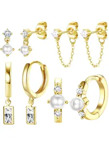 4 Pairs Sterling Silver Post Pearl Hoop Earrings for Women Trendy 14K Gold Plated Huggie Hoop Earrings Cartilage Stud Earrings Sets for Multiple Piercing Small Gold Pearl Hoop Earrings Stud Earring Jewelry