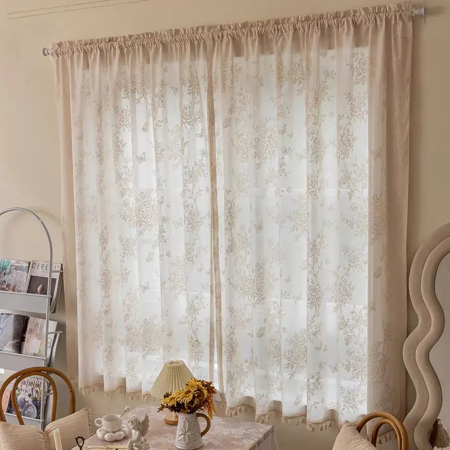 1pc French Vintage Rose Butterfly Embroidered Sheer Curtain, Soft Light-Filtering Drapes for Bedroom Living Room Study Balcony(rod pocket)
