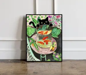 [No Frame] Gold Fish with black cat Poster, Birthday Gift, Famous painting with cat