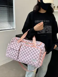 Lightweight Plaid Nylon Luggage Bag, Travel Duffle Bag, Large Capacity Travel Gym Bag with Shoulder Strap, Zipper Compartments, Sporty Design