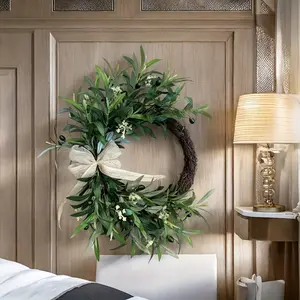 Elegant Artificial Olive Wreath with Flowers and Ribbon, Perfect for Indoor Outdoor Rustic Decor, Wall Hanging or Window Decoration