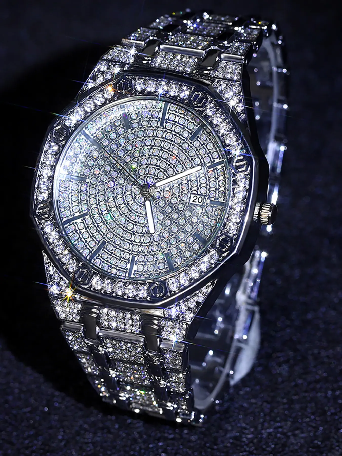Luxury Ice Men's Watch Street Style Water Diamond Quartz Hip Hop Punk Couple Jewelry Accessory Daily Wear, Fashionable Stylish Watch, Fashionable Analog Watch, Golden Band, Metal Case, Statement Watch