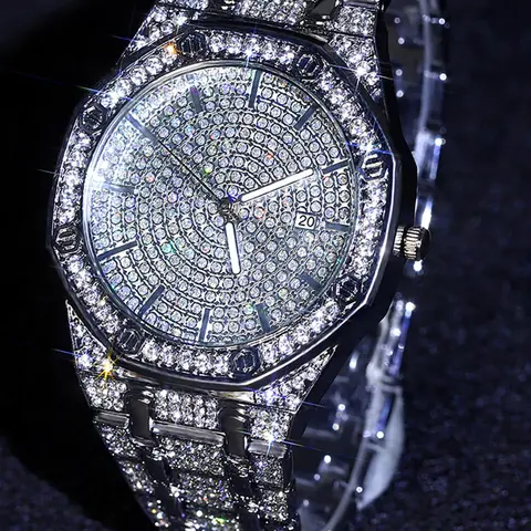 Luxury Ice Men's Watch Street Style Water Diamond Quartz Hip Hop Punk Couple Jewelry Accessory Daily Wear, Fashionable Stylish Watch, Fashionable Analog Watch, Golden Band, Metal Case, Statement Watch, Fashionable Watches