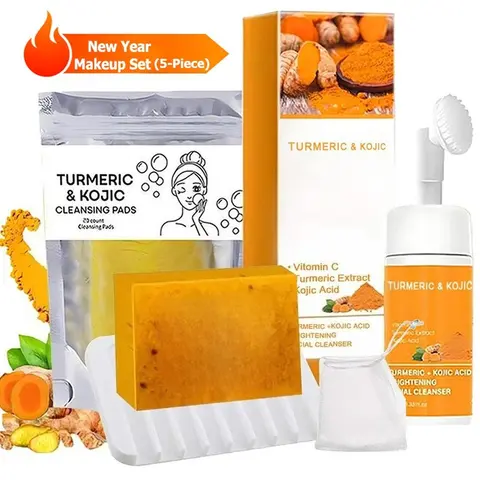 TURMERIC Wash And Care 5 Piece Set-Turmeric Mousse Cleansing,Turmeric Tablets,Self Draining Soap Dish,Exfoliating Foaming Soap Bag,Turmeric Soap Facial Cleansing Skincare Comfort Kit.