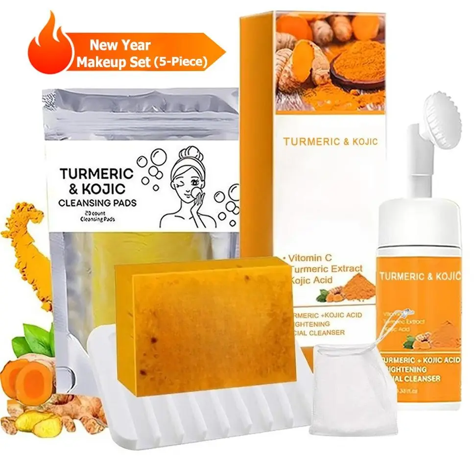 TURMERIC Wash And Care 5 Piece Set-Turmeric Mousse Cleansing,Turmeric Tablets,Self Draining Soap Dish,Exfoliating Foaming Soap Bag,Turmeric Soap Facial Cleansing Skincare Comfort Kit.