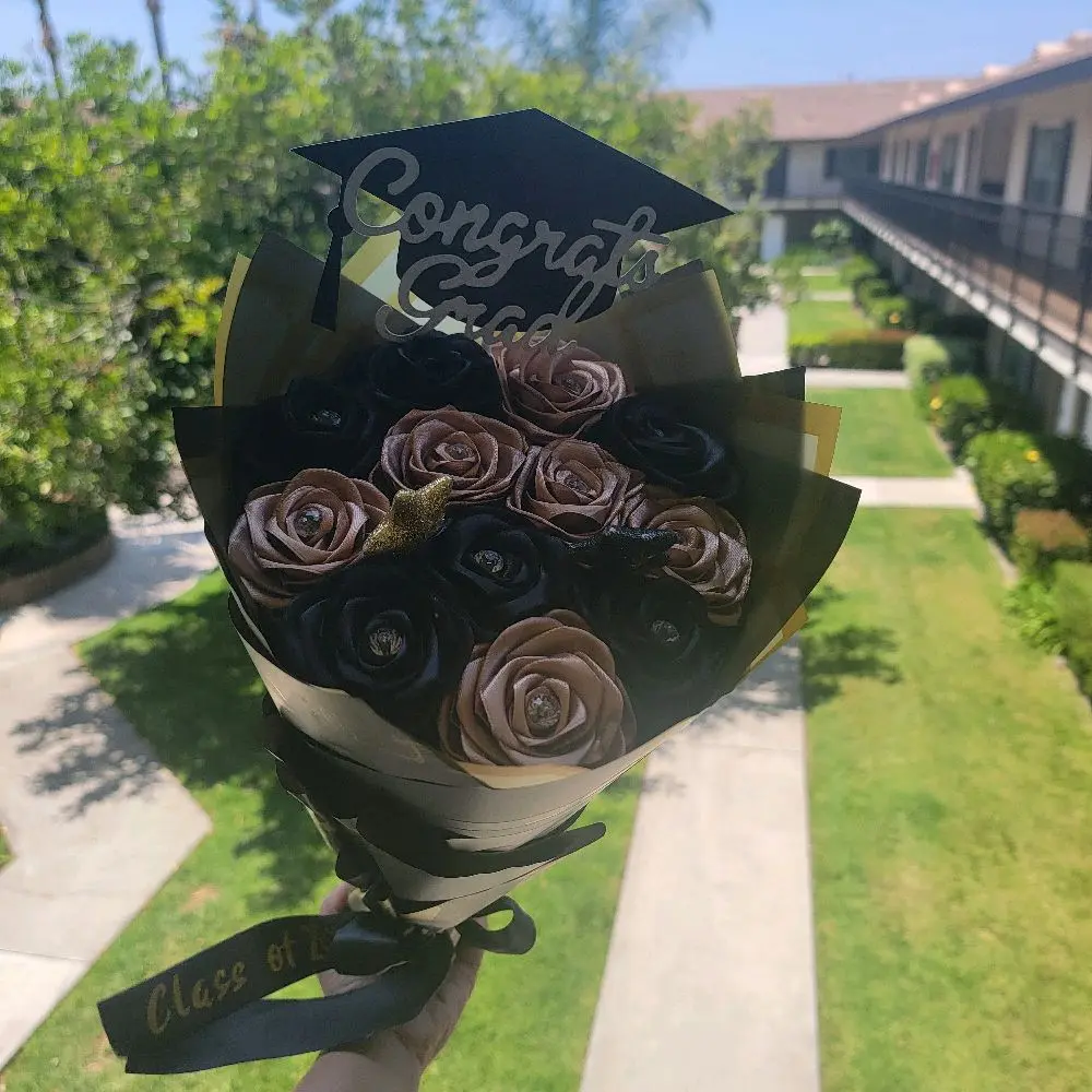Graduation Bouquet - Congratulations Gift in Black and Brown Floral Arrangements with Decorative Tag -combo