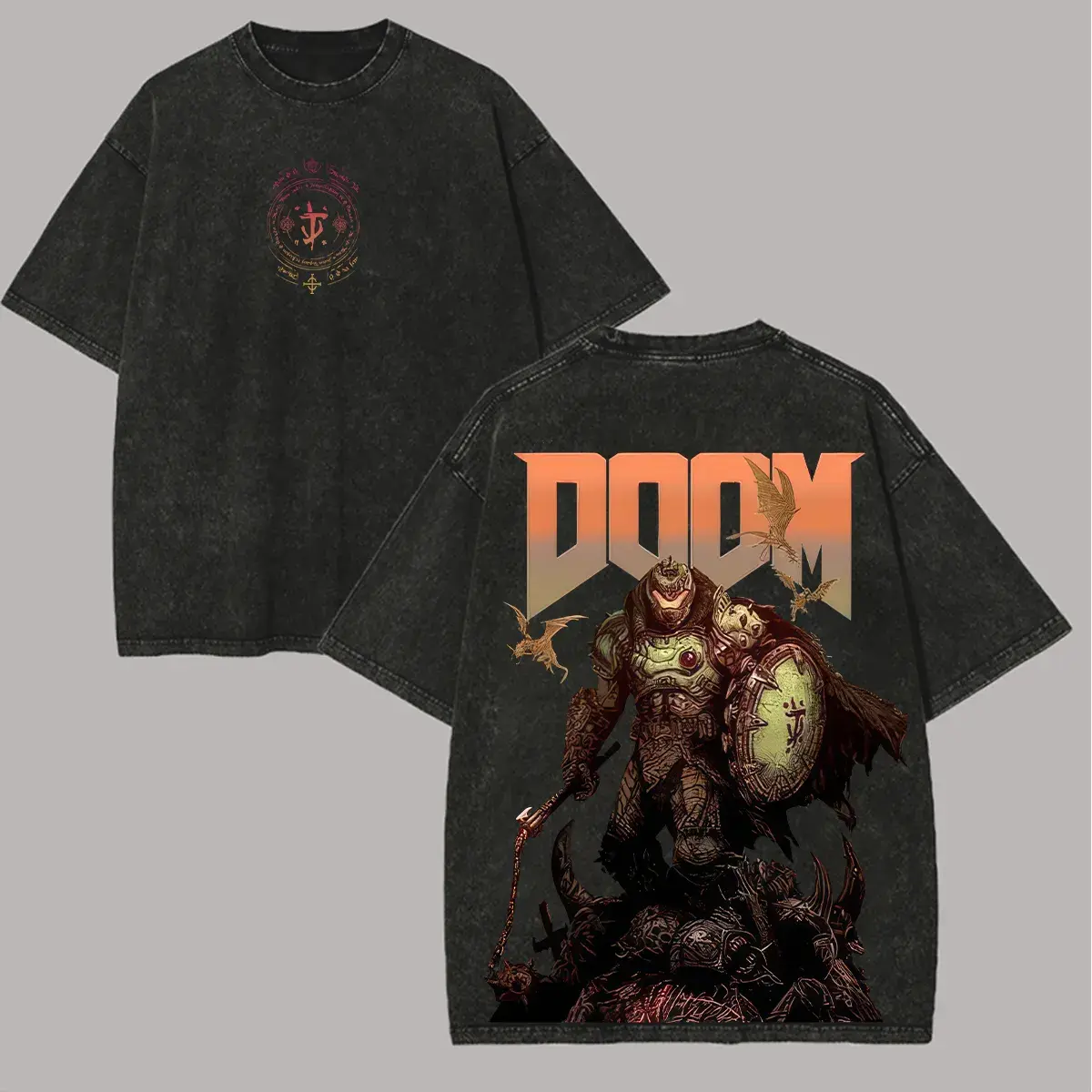 Men's Doom Slayer Graphic T-Shirt, Oversized Vintage Washed Streetwear Top with a Distressed Look, Casual Crew Neck, Oversized Tee, Graphic Print, Figure, Round Neck