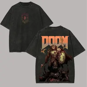 Men's Vintage Washed Oversized Distressed Short-Sleeve Round Neck DOOM Slayer Graphic Tshirt - Menswear Casual Top, Retro FPS Gaming Streetwear, Perfect Gift for DOOM Fans, Limited Stock