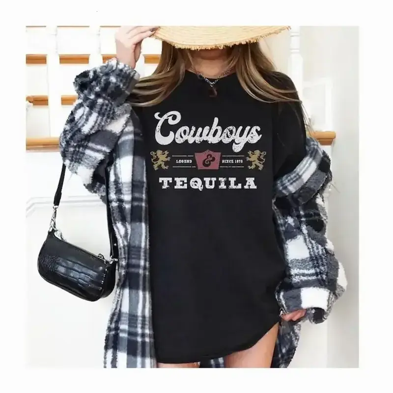 Women's Long Sleeve Vintage Cowboys & Tequila T-Shirt - Western Style Top, Barbecue Party Gift, Cricut & Silhouette Compatible DG0 - KitchenEra