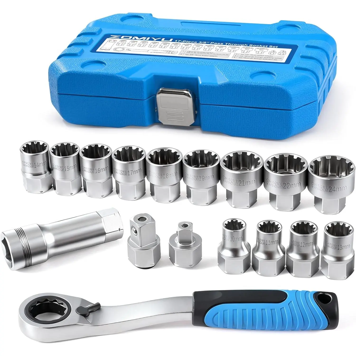 17-Piece Metric Chrome Pass Through Socket Set - 3/8” & 1/2” 12-Point Sockets, 2-in-1 72-Tooth Ratchet Wrench, Adapter, Extension Bar, CRV Steel Corrosion-Resistant Sturdy Case for Auto Repairs (10*6.8*2.1in, 4.07lb)