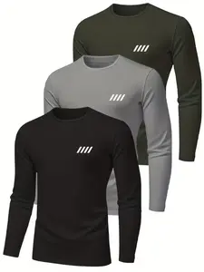 Men's 3-Piece Printed Long Sleeve T-Shirt Set, Casual Street Style Loose Fit, Round Neck, Crewneck, Soft Fabric, Durable Stitching, Fall Wardrobe Essential, Menswear