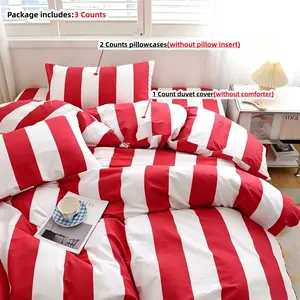 3pcs Red white Striped Print Bedding Set, Includes 1 duvet cover and 2 Pillowcases, Zipper Design, Soft Fabric, All Seasons