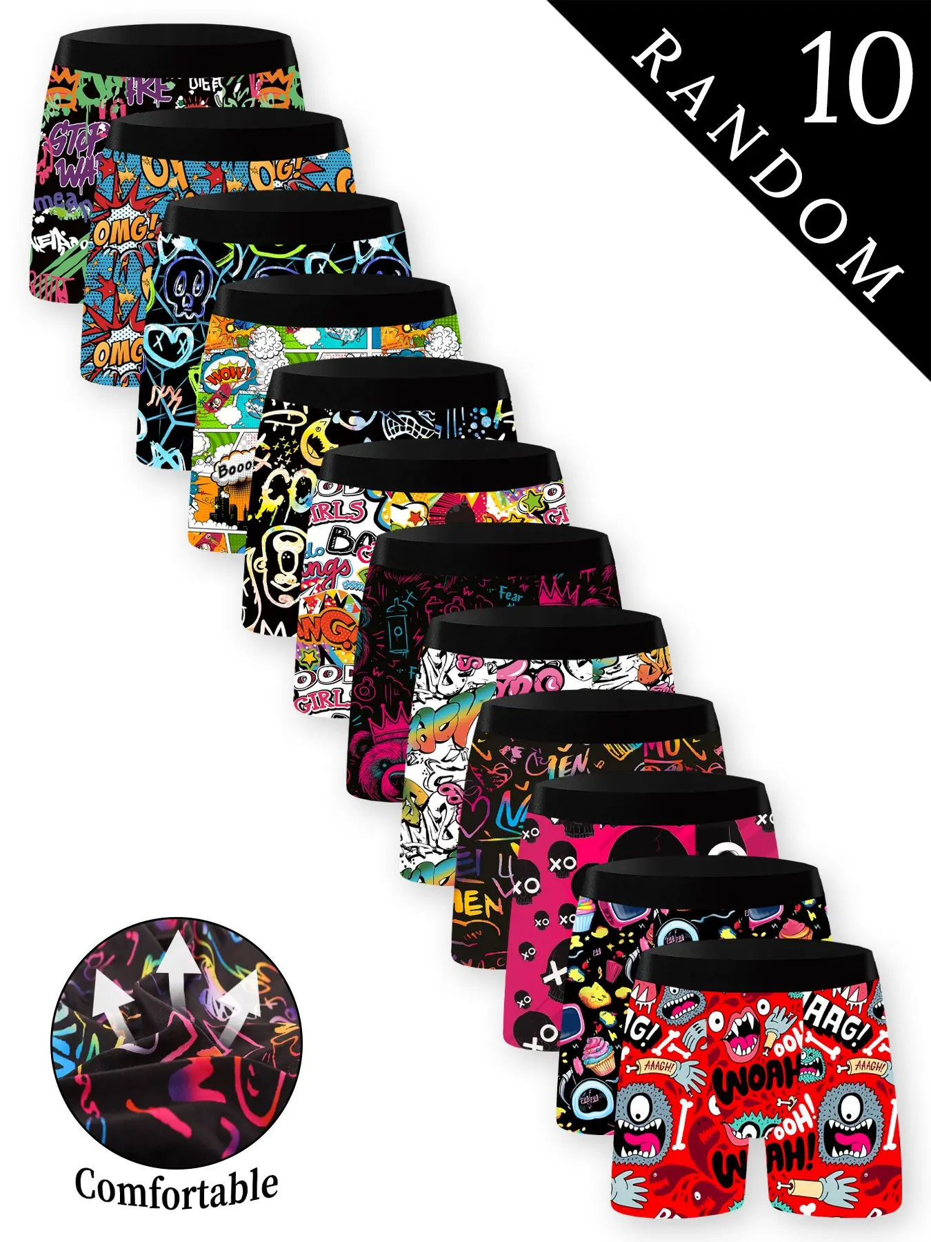 Men's Random 10 Pack Briefs, Skull Xo Cartoon Graffiti Print, Breathable Comfort Fashion Underwear, Daily Unique Style
