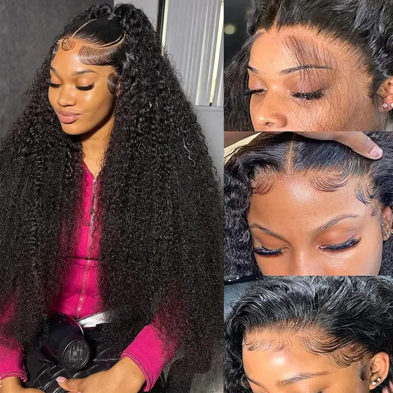 Female Thick 220% Density 13x6 Deep Curly HD Lace Front Human Hair Wig, Pre-Plucked with Baby Hair, Natural Black, Included Lace Front Wig Band