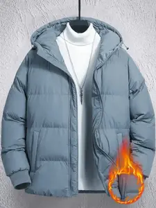 Men's Casual Hooded Down Jacket, Windproof Warm Design, Fashionable Outerwear for Cold Weather, Daily Wear, Single Piece, Comfortable Fit