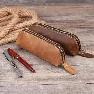 Vintage Crazy Horse Leather Pencil Case Pouch, Handmade Pen Organizer with Zipper, Premium Leather Stationery Bag for Men & Women, Durable Pen Holder for School, Office & Everyday Carry