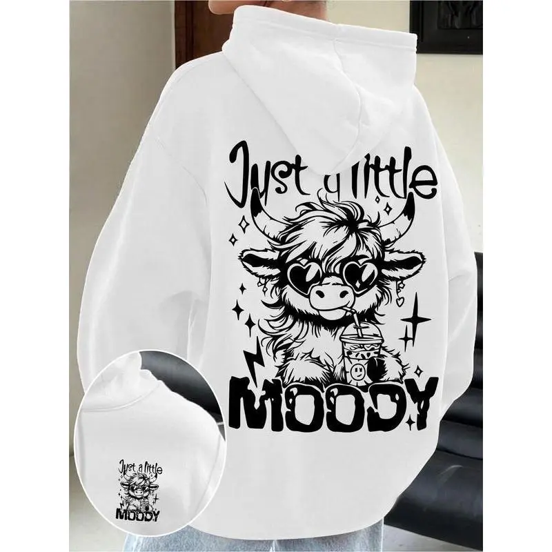 Women's Oversize Hooded Sweatshirt - Cartoon Highland Cow Print, Long Sleeves Cotton Blend Tops, Multi-Size Loose Casual Autumn Winter Wear, Machine Washable