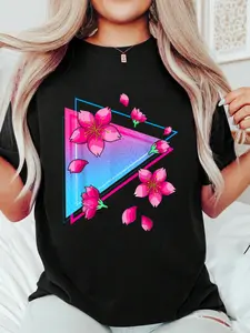 90s Art Japan Flower Blossom Sakura Vaporwave Cherry Blossom T-Shirt Print T-Shirt Casual Crew Neck Short Sleeve Comfort Tee Top For Spring & Summer Women's Clothing