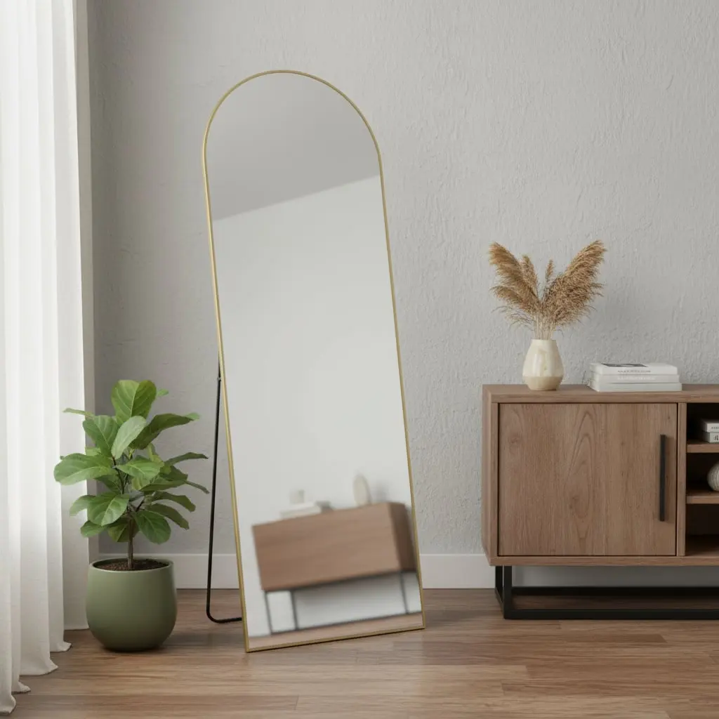 63 in. Modern Gold Metal Frame Tempered Glass Full-Length Modern Mirror - 360 Rotating Stand, Freestanding & Wall-Mountable, Home Decor Accent