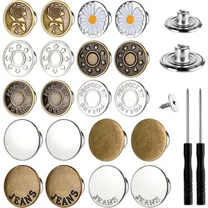 20 Counts No Sew Replacement Jean Buttons, Instant Adjustable Jeans Pants Buttons Replacement Kit, Metal Snap Denim Buttons for Clothes Bags Hats Styles Random