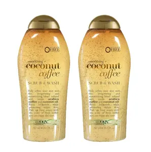 OGX Smoothing + Coconut Coffee Exfoliating Body Scrub with Arabica Coffee & Coconut Oil, Moisturizing Body Wash for Dry Skin, Paraben-Free with Sulfate-Free Surfactants, 19.5 Fl Oz, 2 Pack