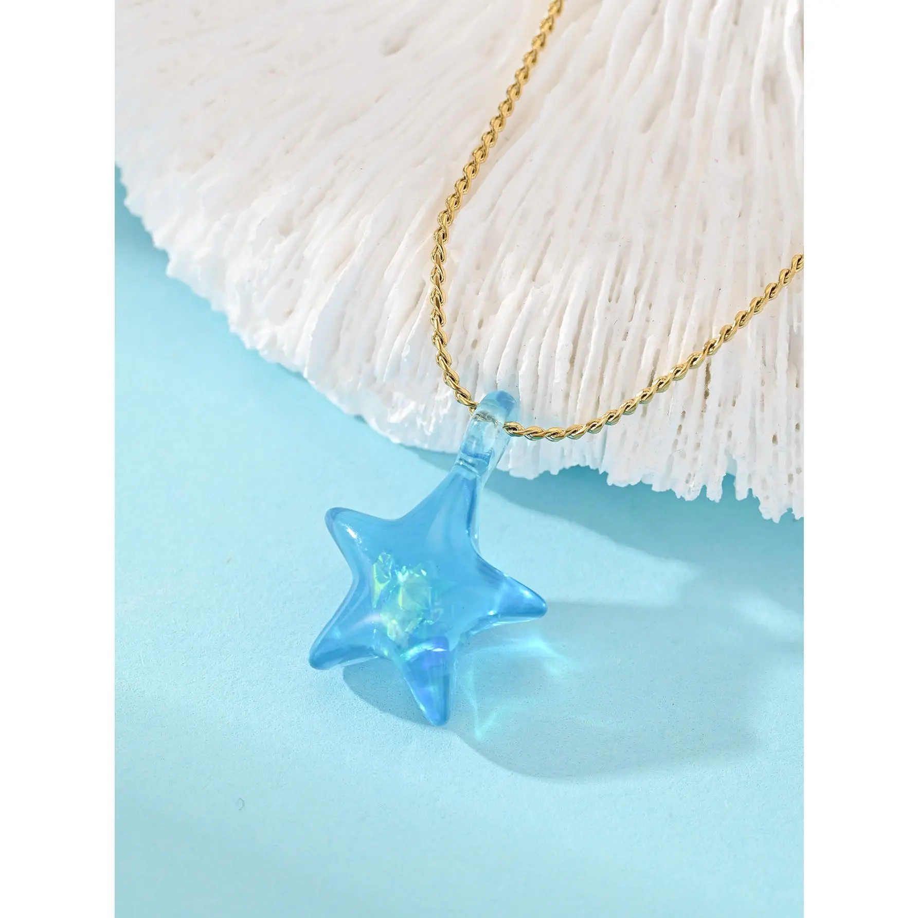 Blue Starfish Pendant Necklace - Geometric Star, Beach Charm, Summer Seaside Vacation Costume Jewelry Accessory, Geometric Star Necklaces, Beach Charm Necklaces