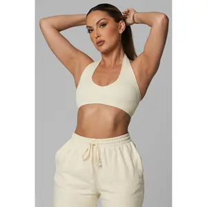 Cream Seamless Ribbed Halter Bra