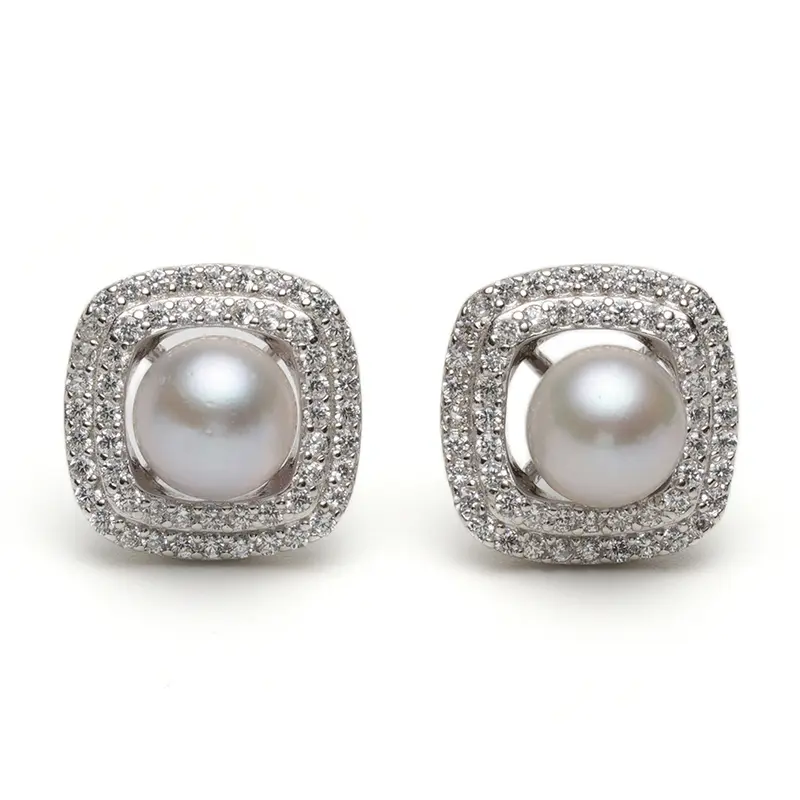 Vintage Silver Plated Cushion Halo Real Pearl Stud Earrings for Women, Heavy Double Row Pave Crystal Openwork Studs, Quiet Luxury Gift