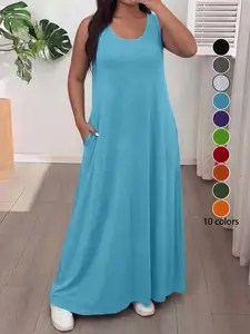 Plus Size Women's Casual Home Dress, 10 Color Options, Round Neck Sleeveless Shoulder Cut Out, Pocketed Long Skirt, Slimming Fit