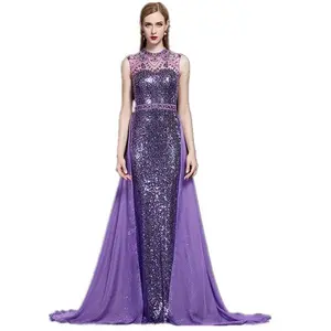 Purple detachable train gown sleeveless sequin beaded evening gown