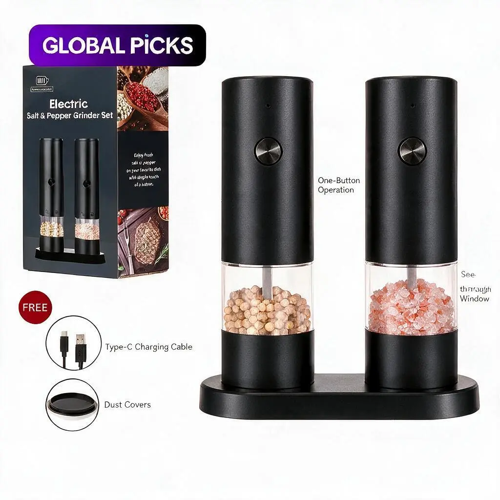 Electric Salt & Pepper Grinder Set - Rechargeable Auto Grind Kitchen Appliance, Adjustable Dial Seasoning Gadget with Base & Brush, Compact Home Gift (Batteries Not Included), Compact Set
